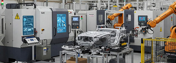an automotive factory with robotic arms assembling an automobile body