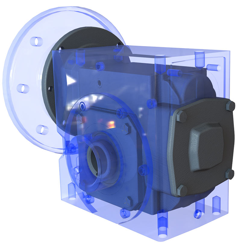 Rendering of rear view of HERA gear overlaid with standard size worm gear.
