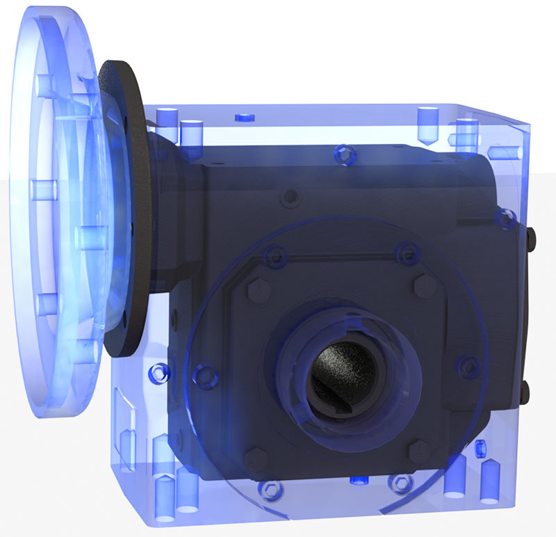 Rendering of side view of HERA gear overlaid with standard size worm gear.