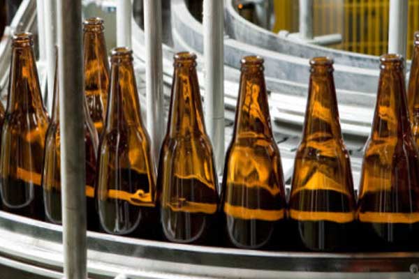 Photo of empty beer bottles on bottling conveyor.