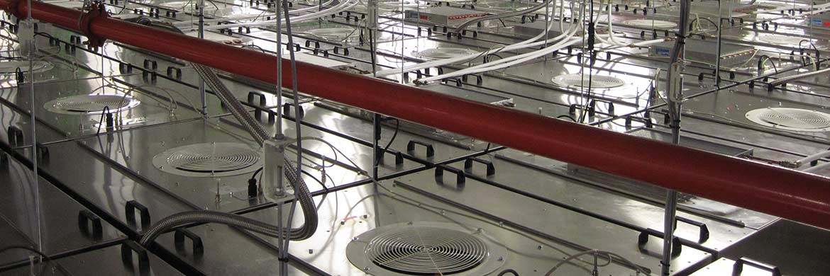 Overhead shot of fan filter units powering a cleanroom ventilation system.