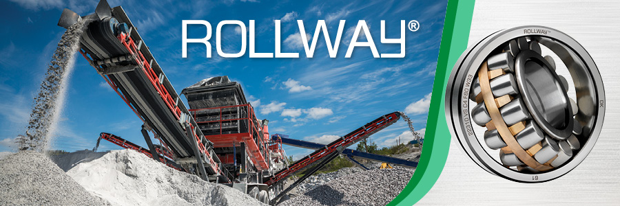Header image with Rollway logo, photo of sifting machinery at quarry and close up of roller bearing.
