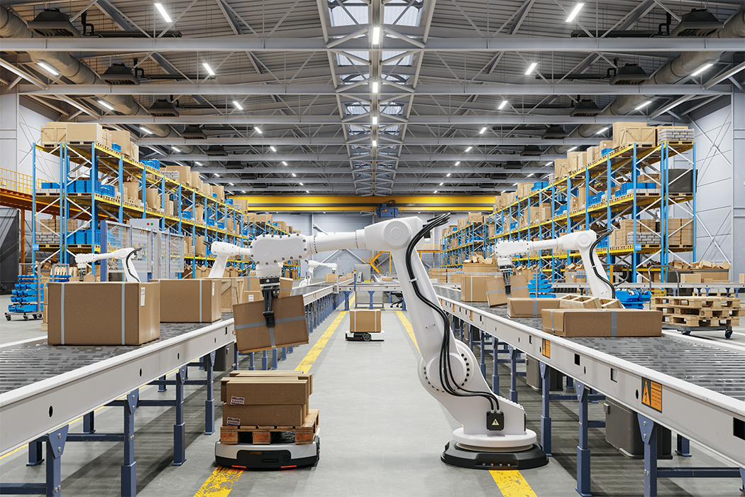 automate packaging in a factory with a lot of boxes