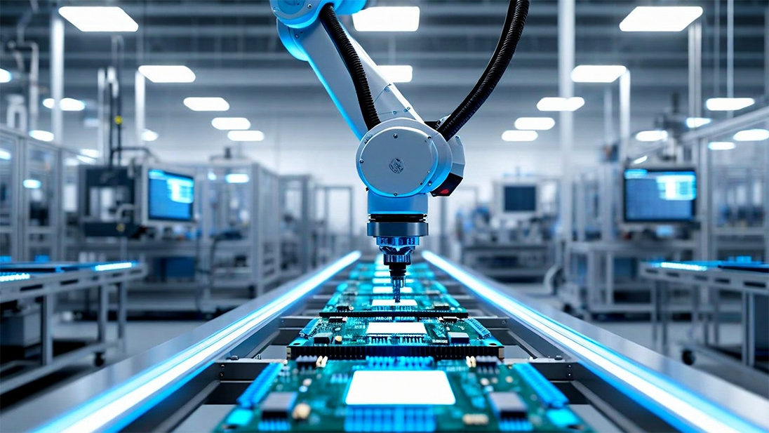 robotic machine making what looks like a mother board