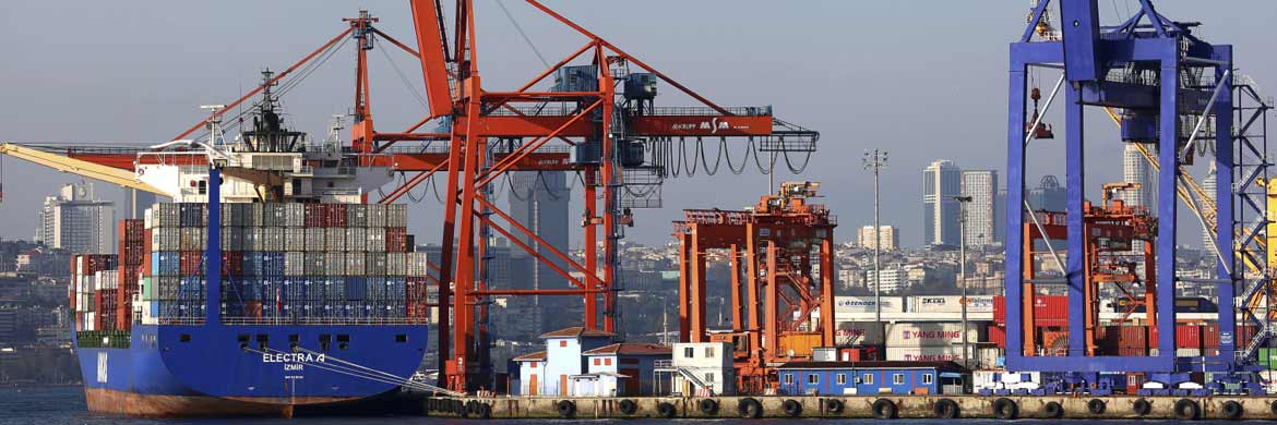 Photo of docked ship unloading containers.