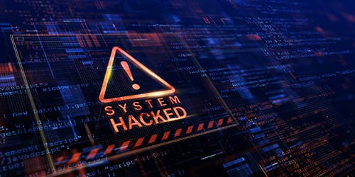 Graphic with warning symbol and system hacked text.
