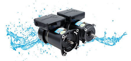 Photo of two pool pump motors with splashing water in background.