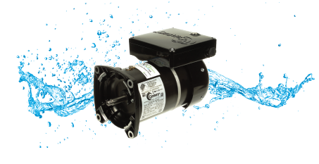 Photo of variable speed pool pump motor with splashing water in background.