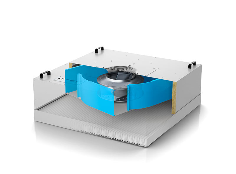 Photo of Nicotra Gebhardt Fan Filter Unit with blue lines denoting airflow.