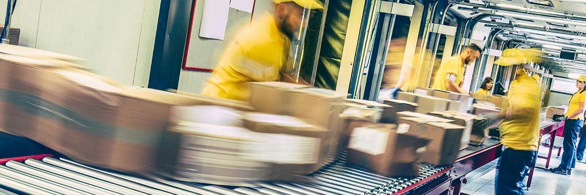 Workers sorting boxes on packaging line.