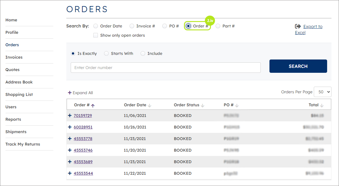 Orders by order number