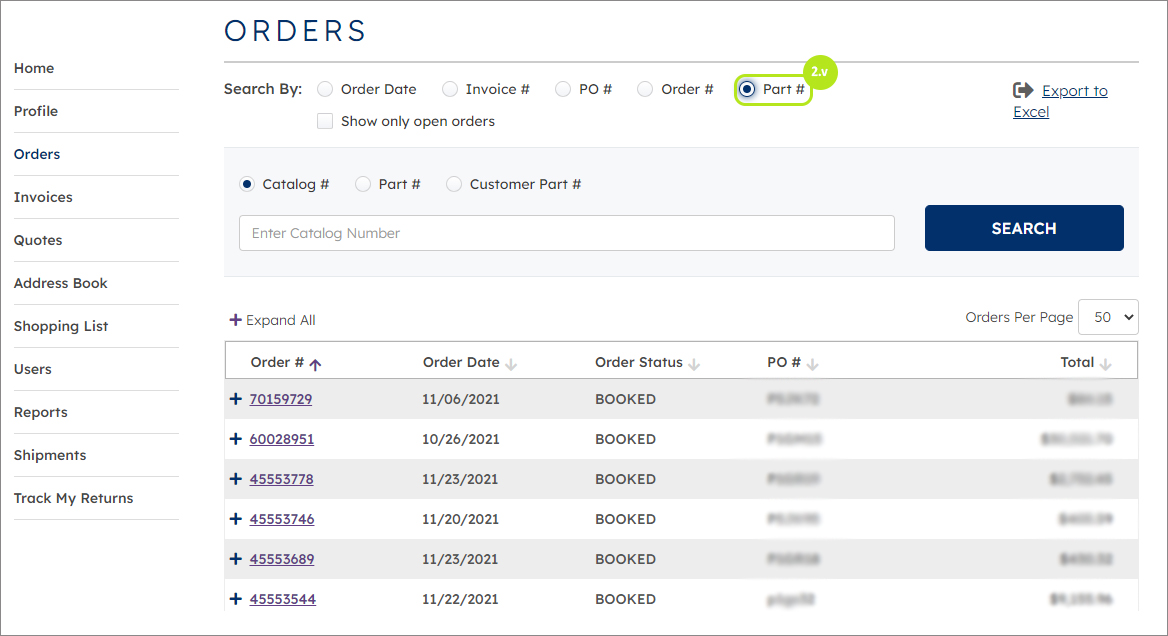 Orders by Part number